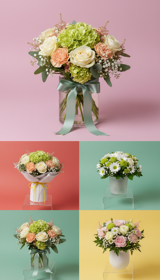 Mint Celebration bouquet in glass vase